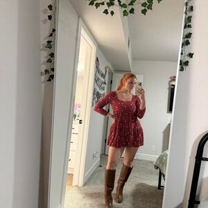 Red floral mini dress‎ with long sleeves